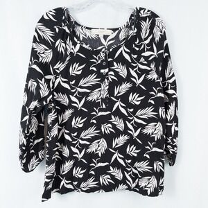 Loft Palm Henley Blouse Crinkle 3/4‎ Blouson Sleeve Womens Large Black White